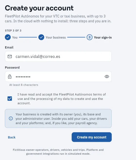 Step 3 («Your sign-in»), without clicking «Create my account».