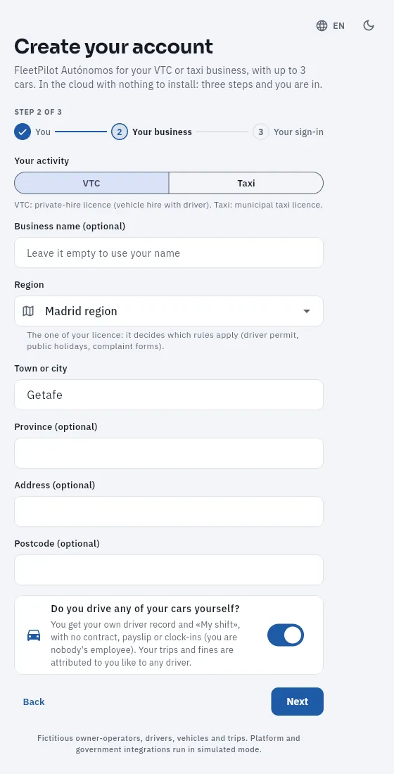Step 2 («Your business»): a VTC business in the Madrid region whose owner drives.