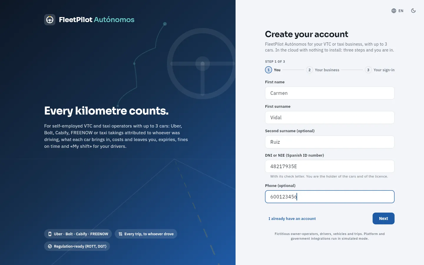 Create your account, step 1 («You»), filled in with the details of a made-up owner-operator.