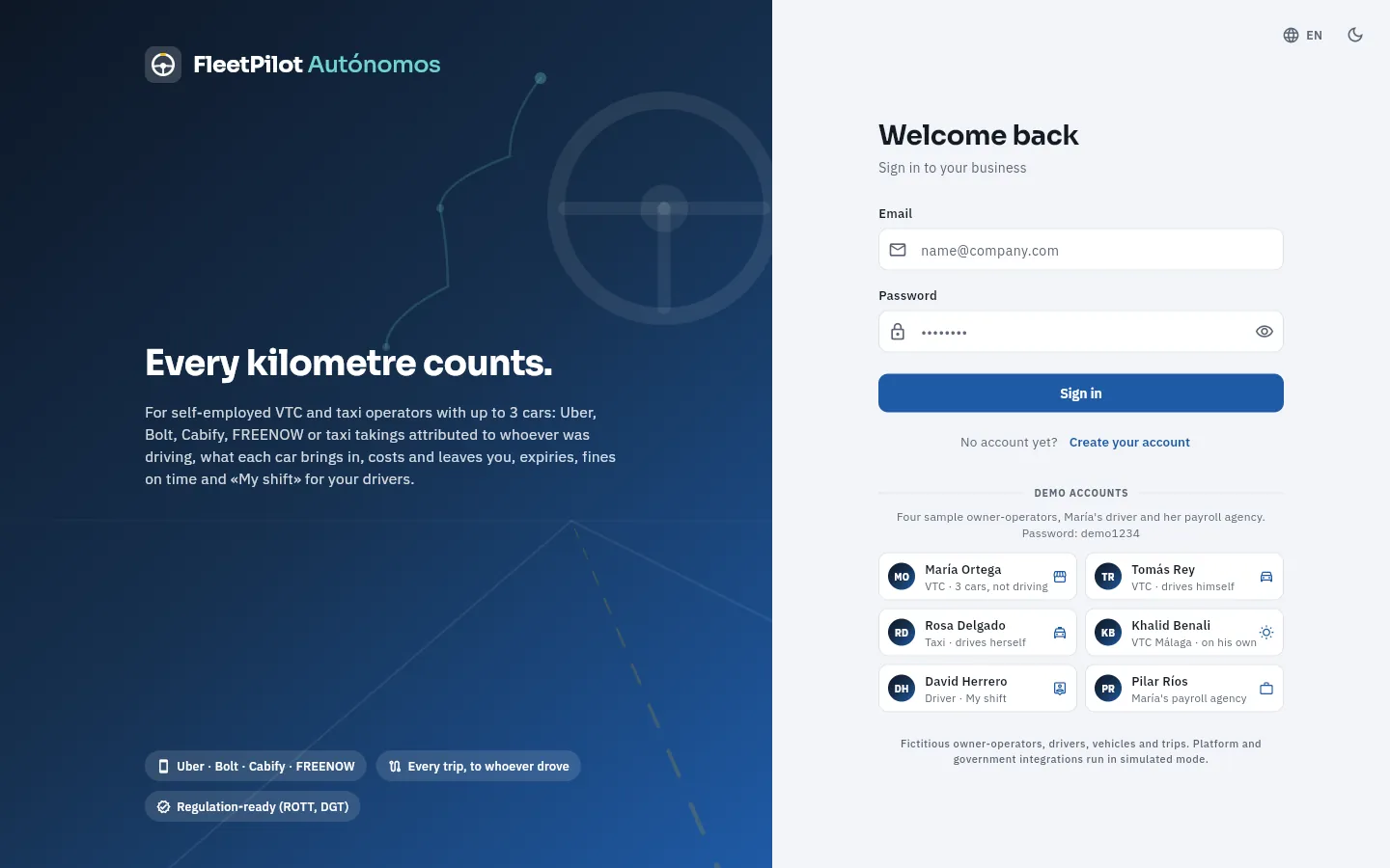 The FleetPilot Autónomos sign-in screen on a computer: on the left, the presentation; on the right, the sign-in form, «Create your account» and the demo accounts.