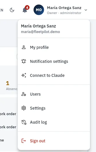 María's user menu.