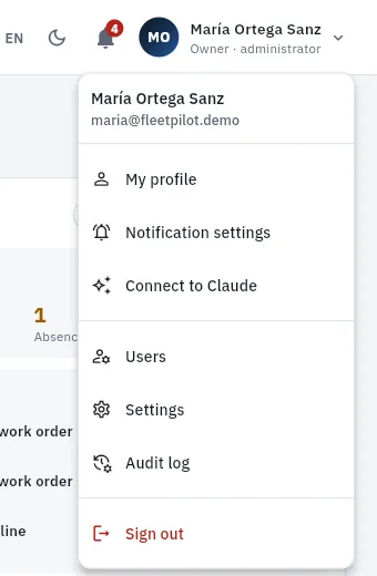 María's user menu: the administration of her FleetPilot Autónomos.