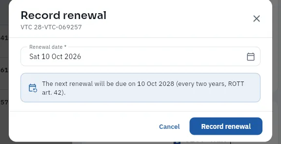 Recording the renewal of licence 28-VTC-069257 (not saved).