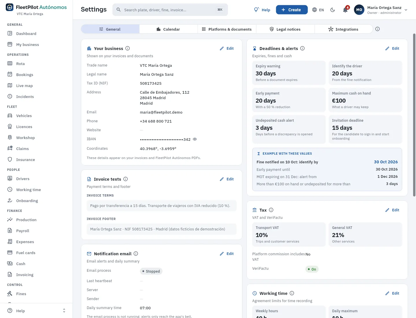 The General tab: your business, invoice texts, deadlines and alerts, and tax.