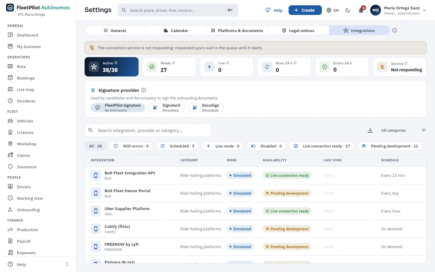 Third-party integrations: all simulated in the demo, with their availability and schedule.