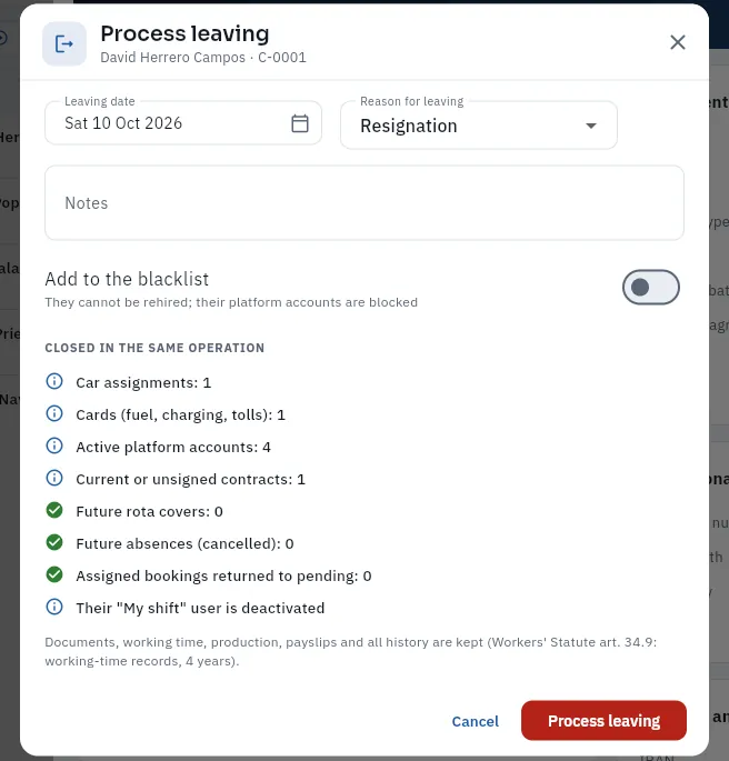 Processing David Herrero's leaving: what is closed in the same operation (not saved).