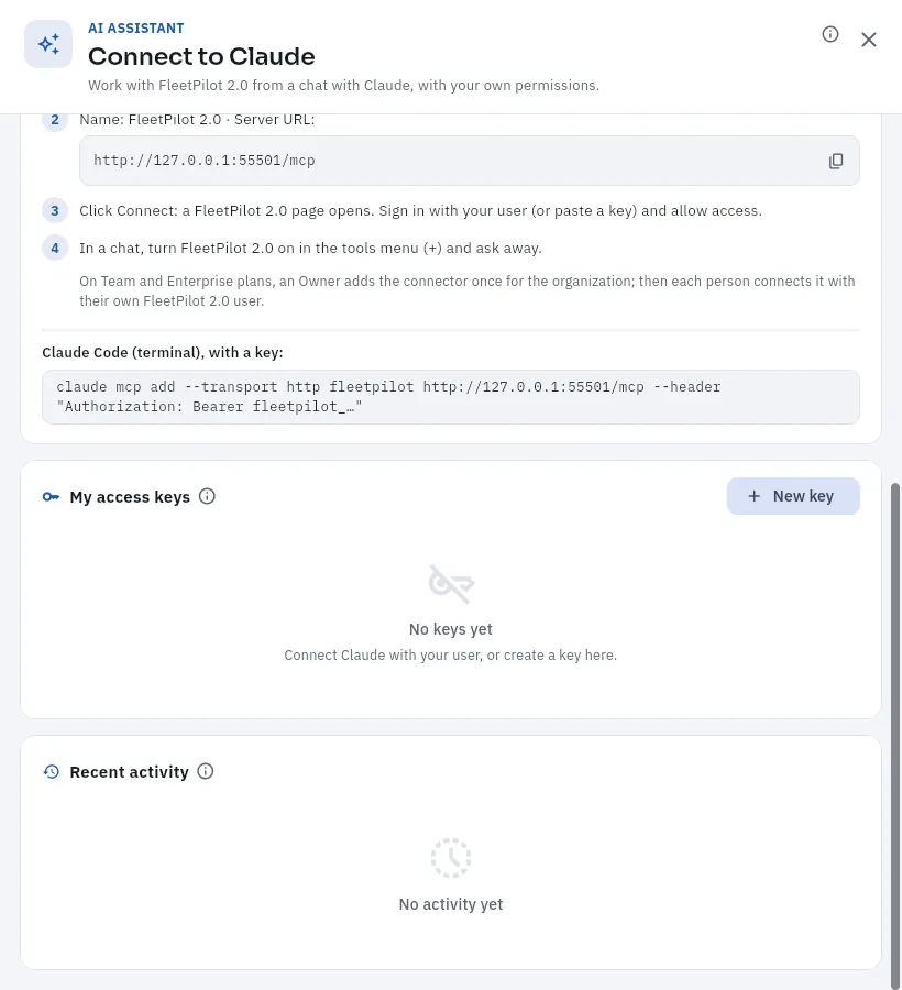 The connector page: how to connect it, your keys and your activity.