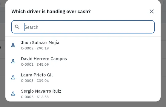 First you choose the driver who is handing in the cash (nothing has been recorded).