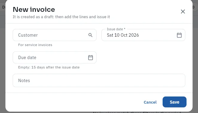 A new invoice is created as a draft (not saved).