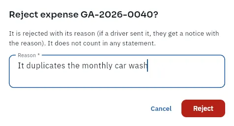 Rejecting an expense asks for the reason (it has not been rejected).