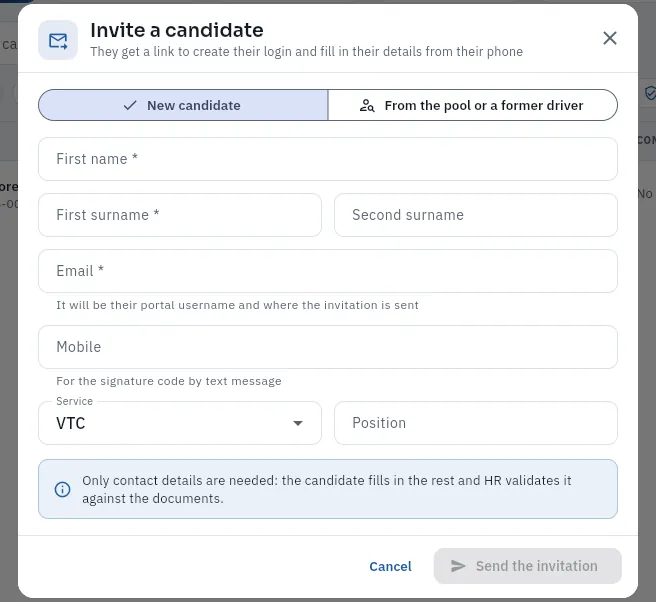 The invitation: only the details needed to contact the candidate.