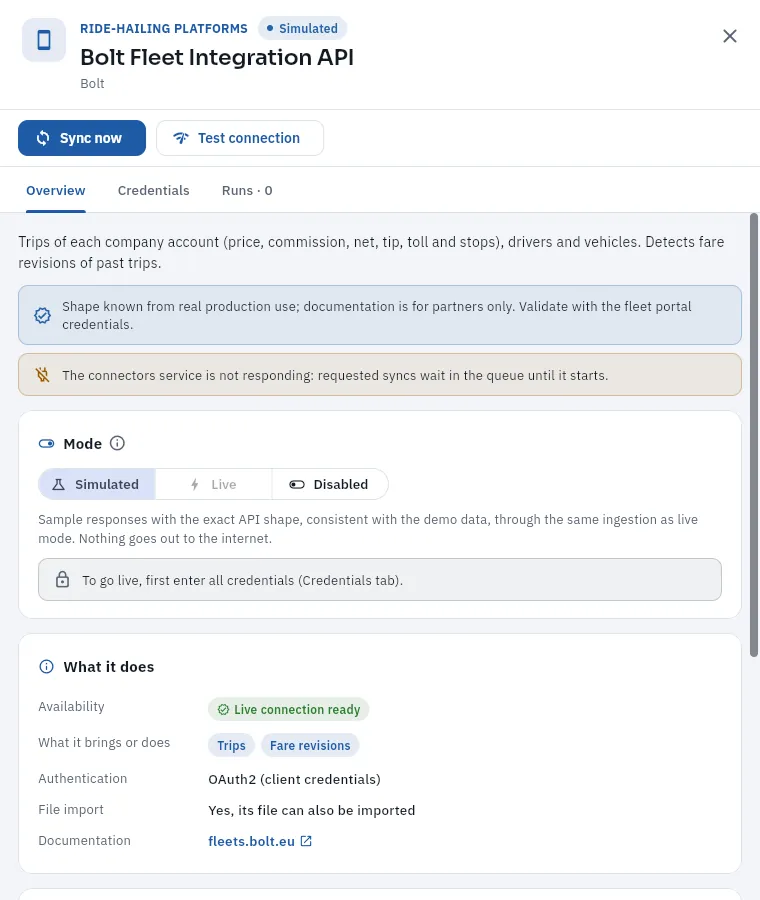 The Bolt fleet API integration, in simulated mode.