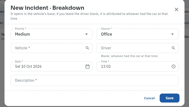 A new breakdown, with the form still empty (not saved).