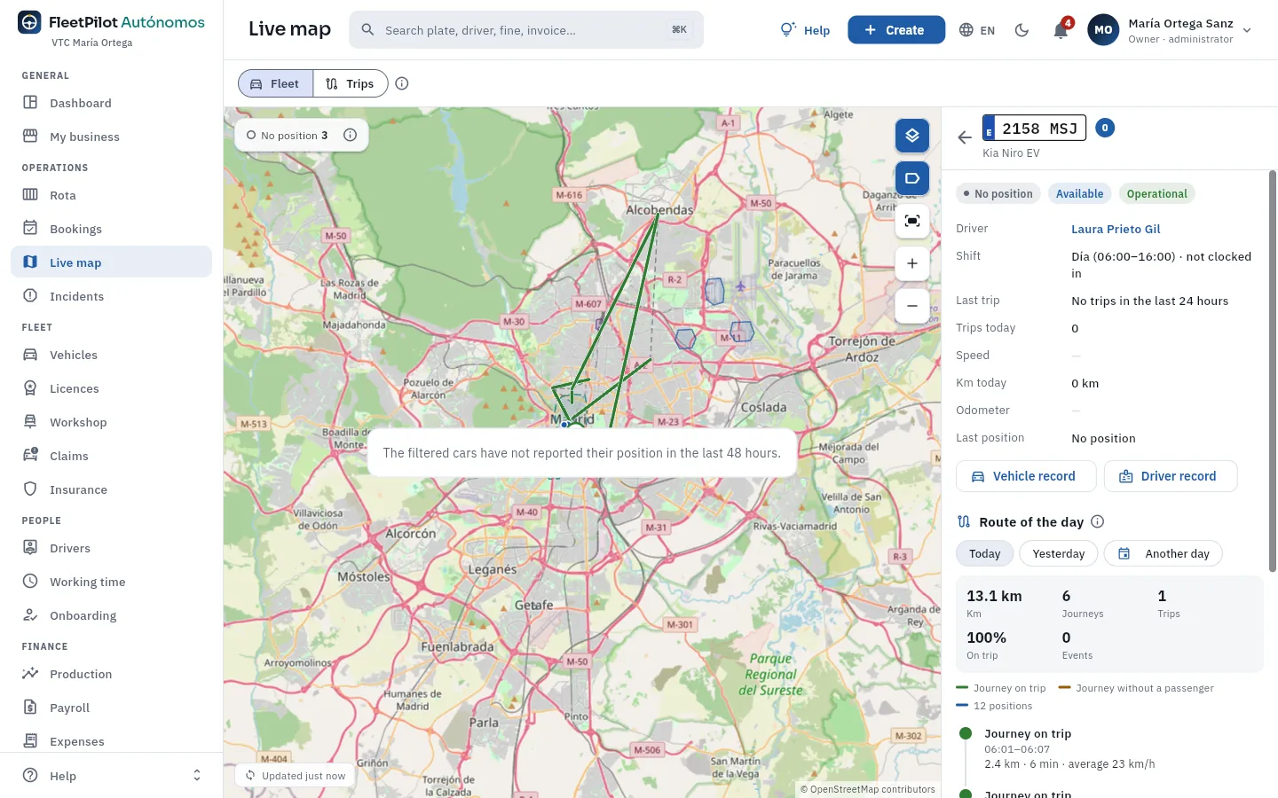 The card of the Kia Niro EV 2158 MSJ with its route.