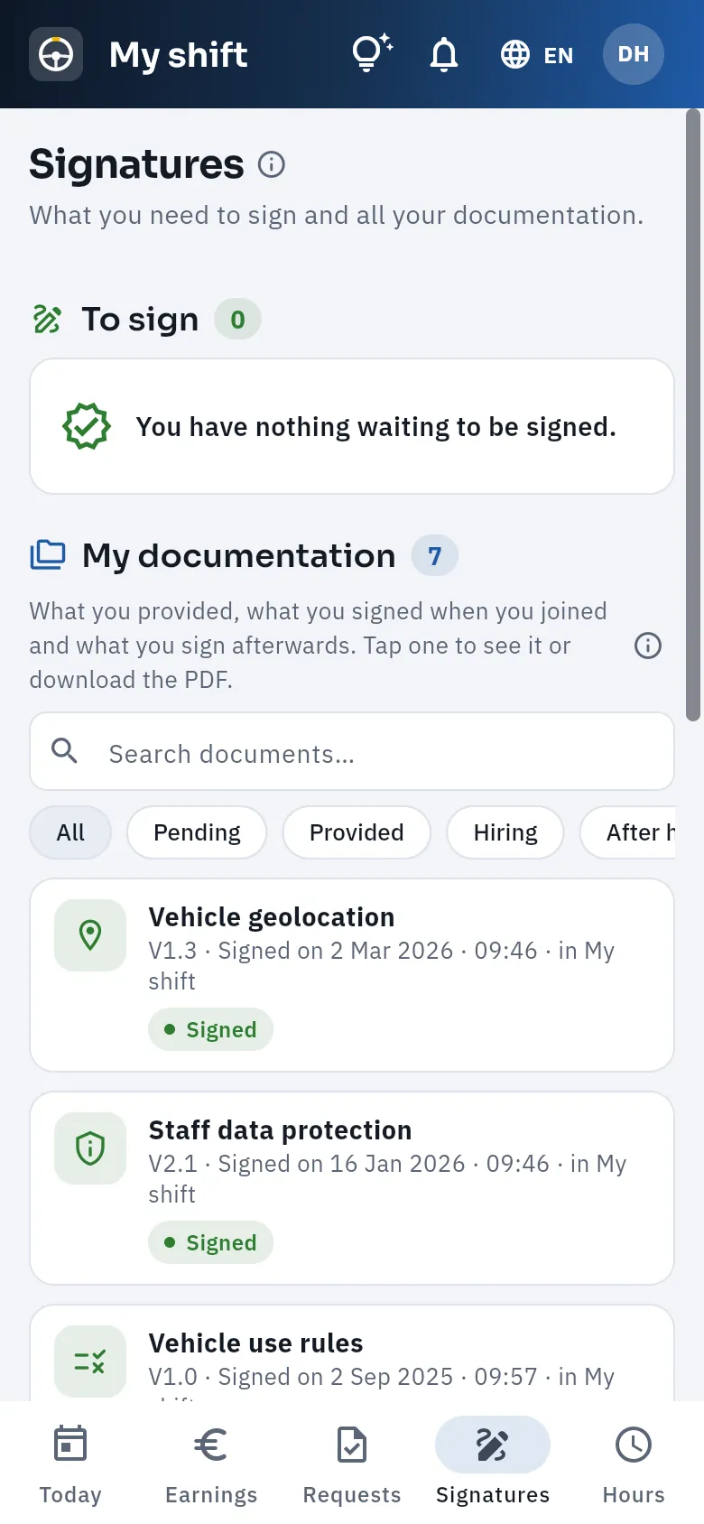 David's signatures: nothing pending and his documentation signed.