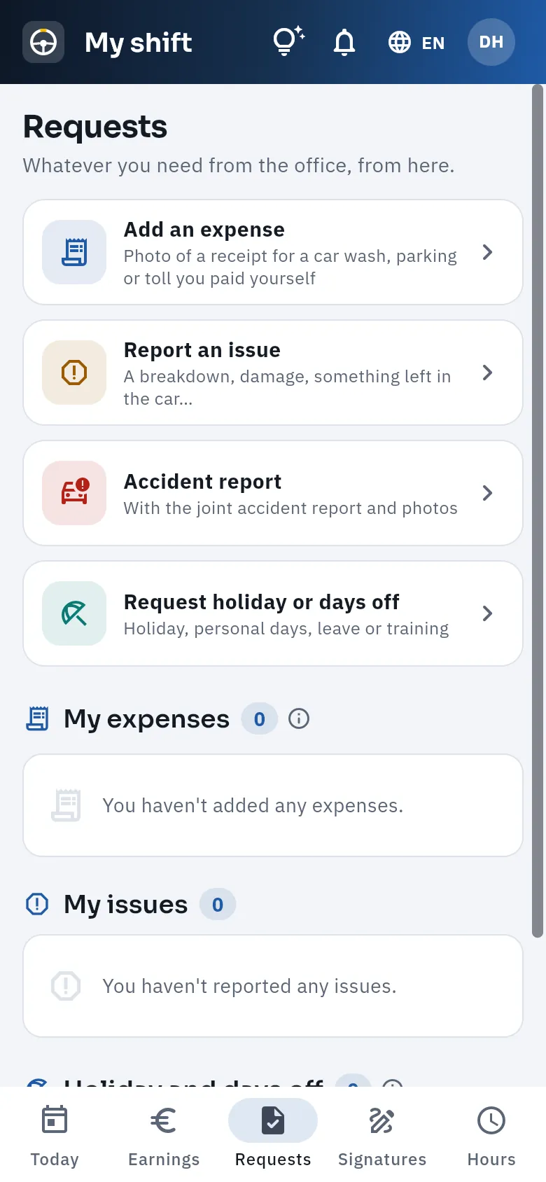Requests: what the driver can ask you for or tell you.