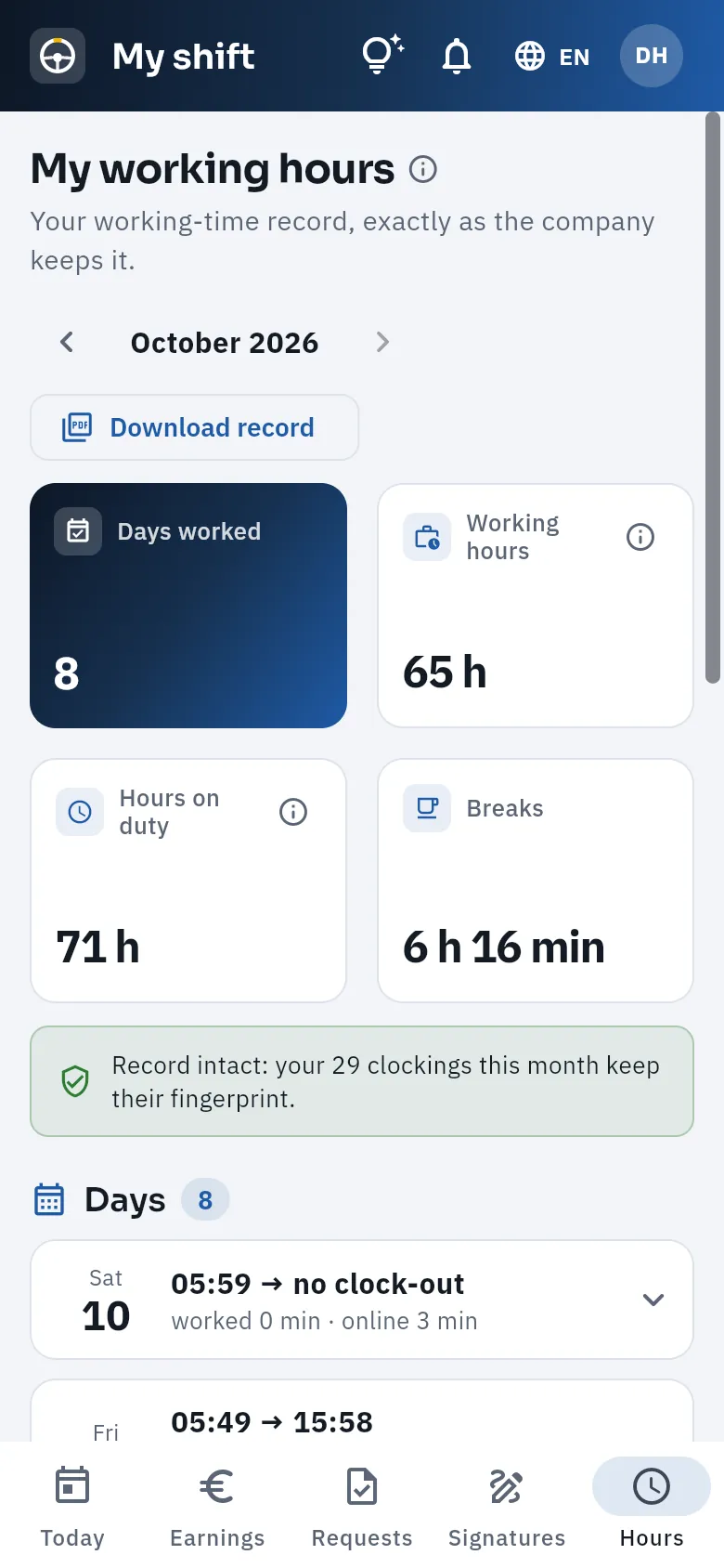 His working-time record for the month, as your business keeps it.