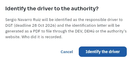 The confirmation before identifying Sergio Navarro to the DGT (not tapped).