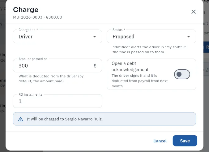 The charging form for MU-2026-0003 (not saved).