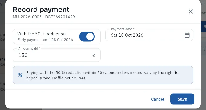 Recording the payment of MU-2026-0003 with the early payment (not saved).
