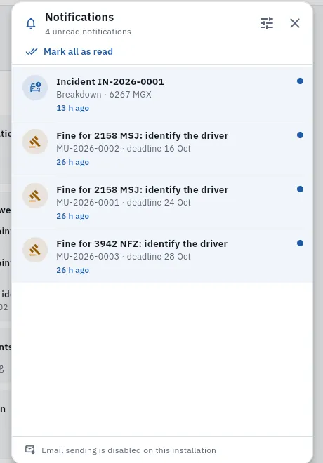 María's notifications: an incident and three fines waiting for the driver to be identified.