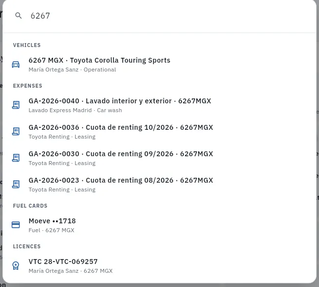Searching for «6267»: the Toyota Corolla 6267 MGX, its expenses, its fuel card and its VTC licence.
