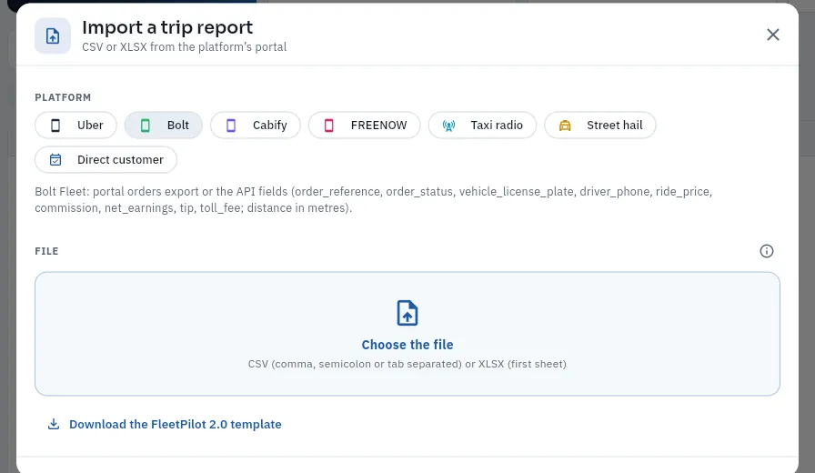 Importing a Bolt trip report (no file has been chosen).