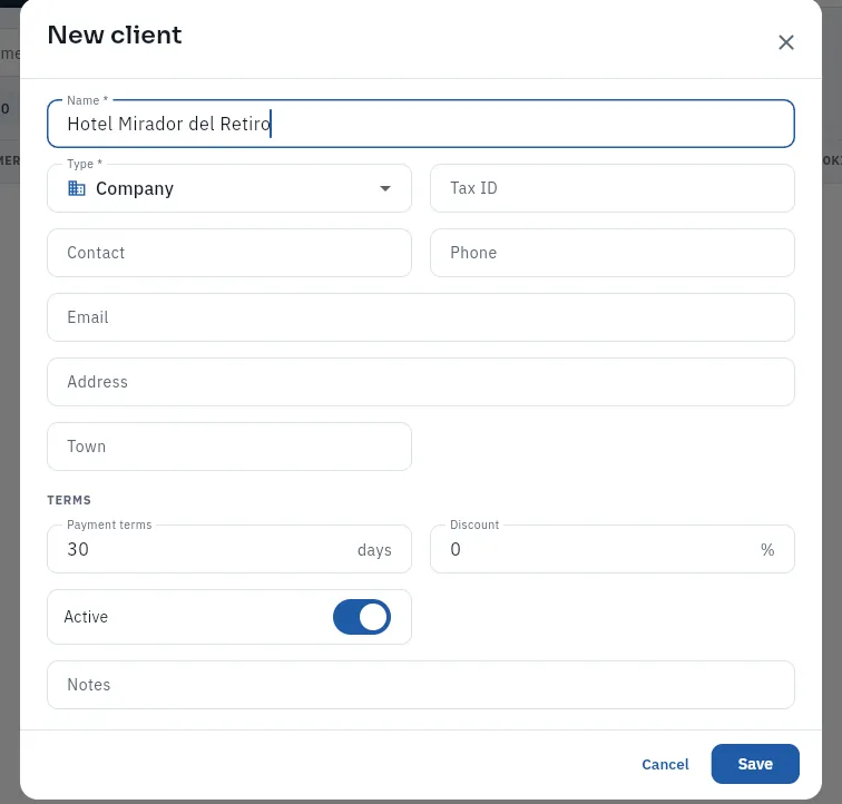Adding a regular client, a hotel (not saved).
