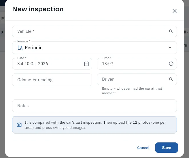 The form for a new inspection (not saved).