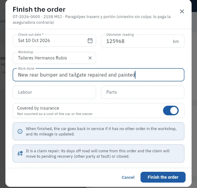 Finishing order OT-2026-0005 (the form has not been saved).