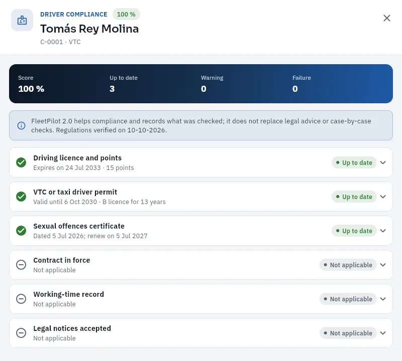 Tomás's compliance as a driver: what is required of him, up to date; the employment items, «Not applicable».