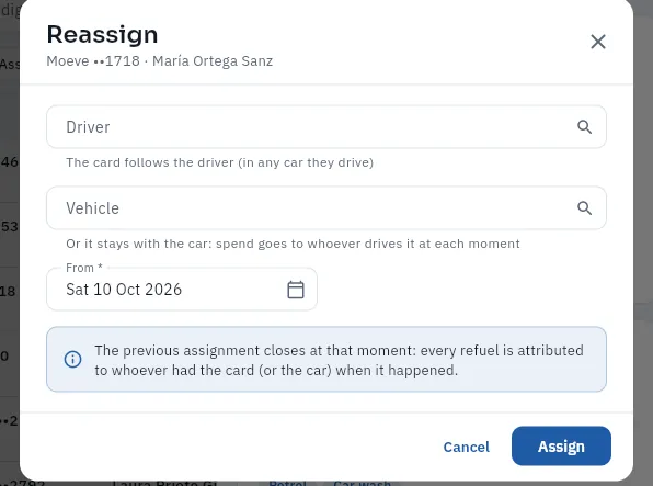 Reassigning the card: with a driver or with a car, from a given moment (nothing has been saved).