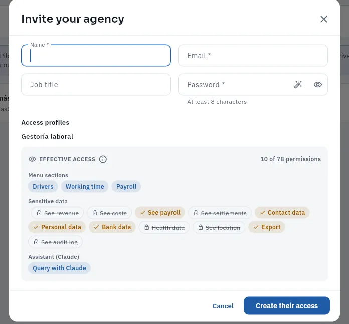 The invitation to Tomás's payroll agency, with its access (it has not been created).