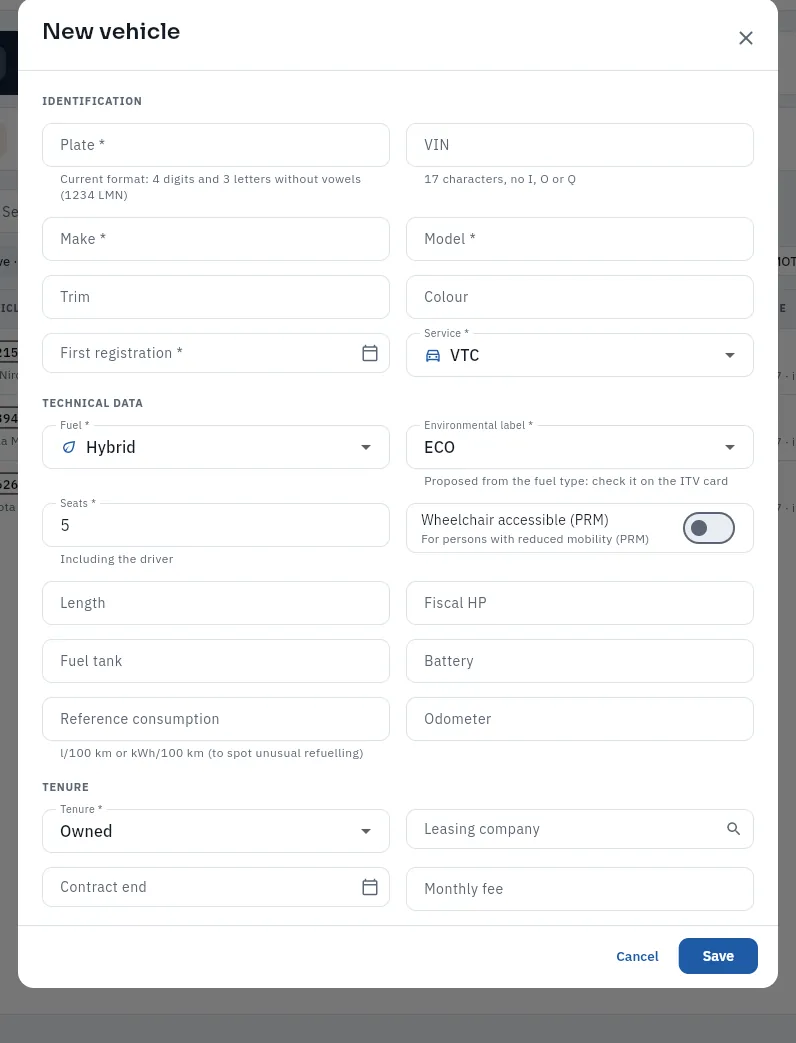 The form for a new car (not saved): the owner is you and is not asked for.