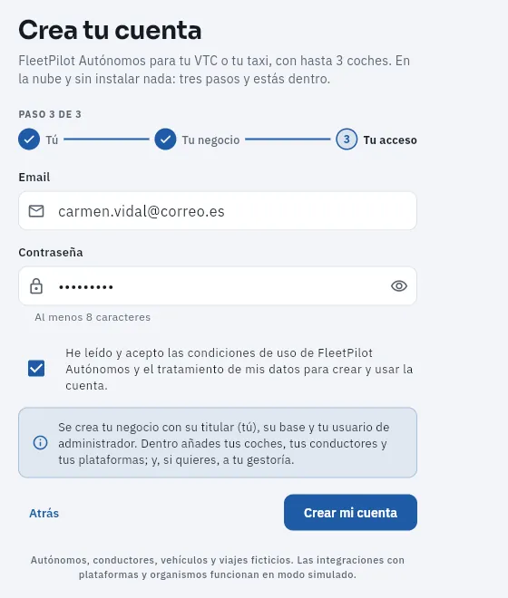 Paso 3 («Tu acceso»), sin pulsar «Crear mi cuenta».