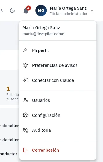 El menú de usuario de María.
