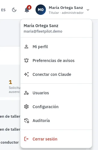 El menú de usuario de María: la administración de su FleetPilot Autónomos.