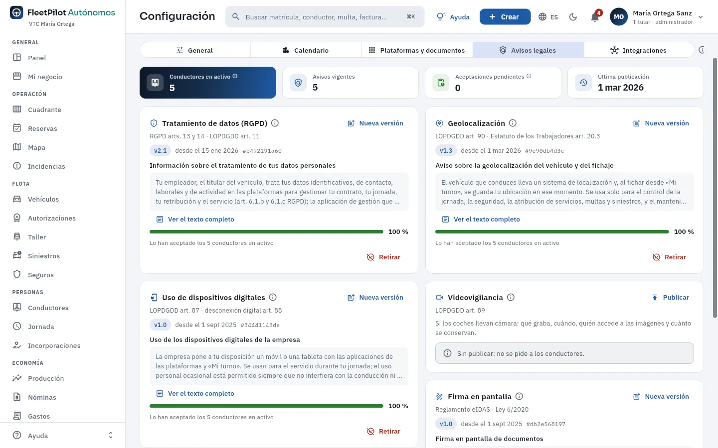 Los avisos legales a los conductores de María: su versión vigente y quién los ha aceptado.