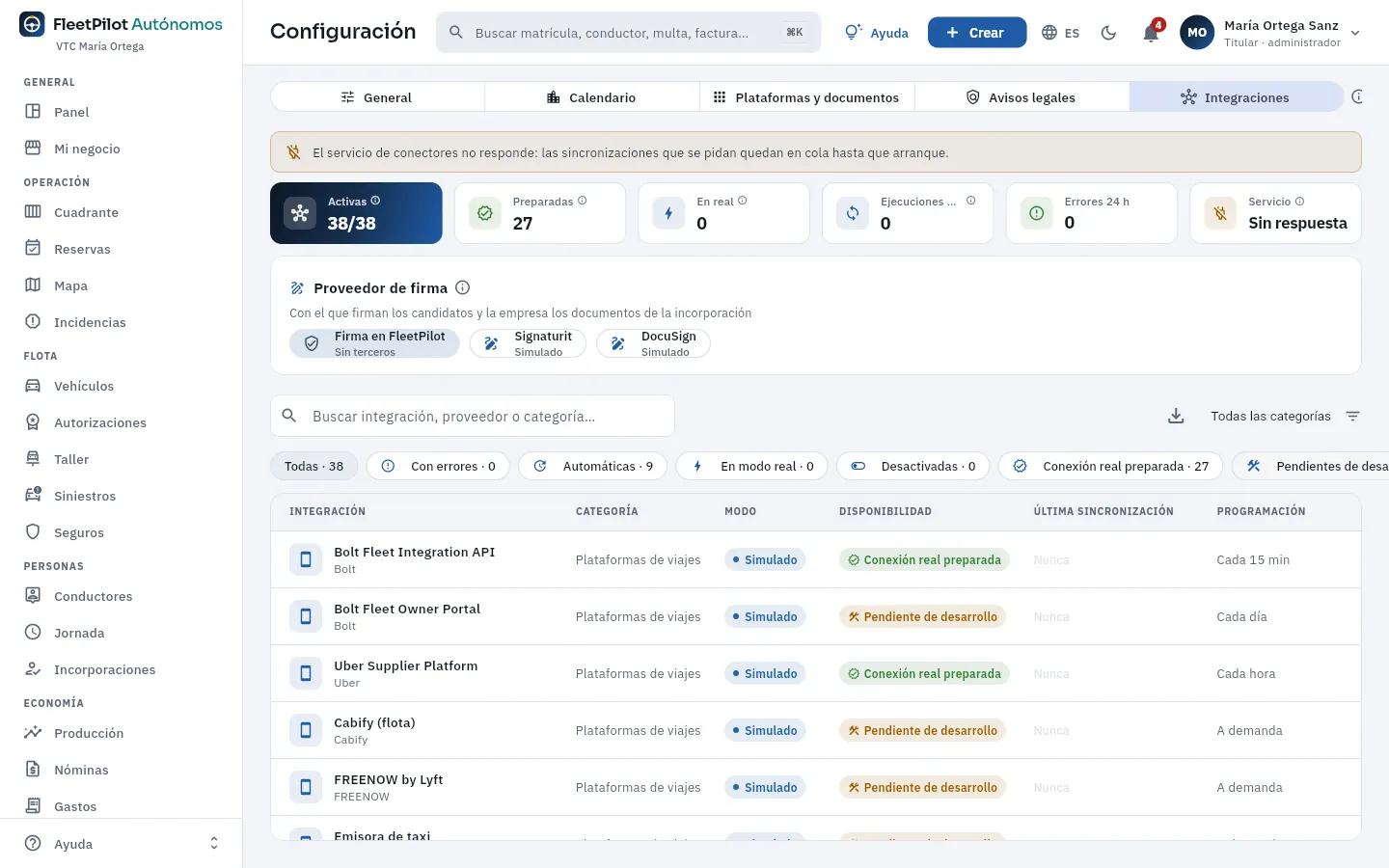 Las integraciones con terceros: todas simuladas en la demo, con su disponibilidad y su programación.