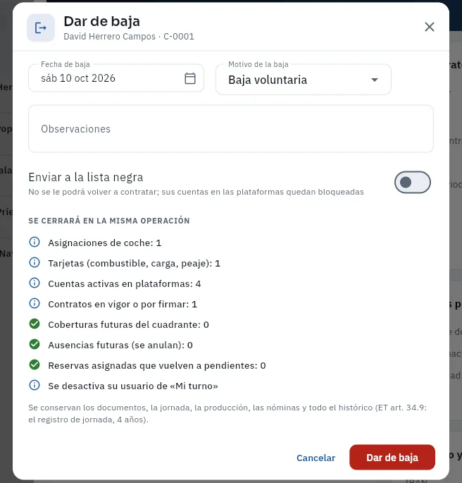 Dar de baja a David Herrero: lo que se cierra en la misma operación (no se ha guardado).