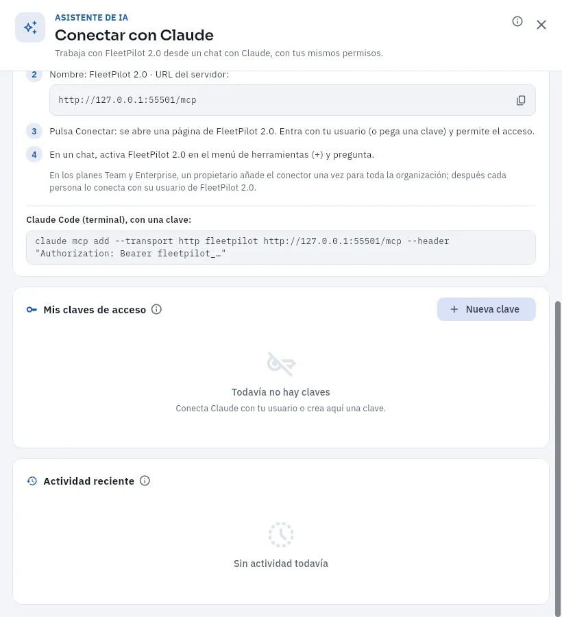 La página del conector: cómo conectarlo, tus claves y tu actividad.