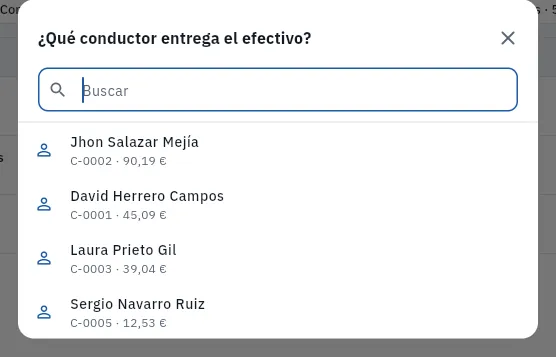 Primero se elige el conductor que entrega el efectivo (no se ha registrado nada).