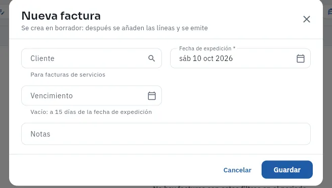Una factura nueva se crea en borrador (no se ha guardado).