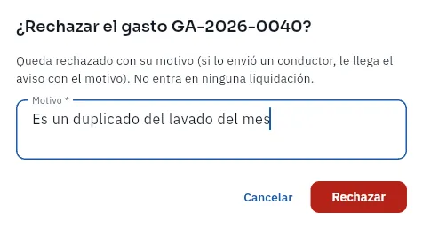 Rechazar un gasto pide el motivo (no se ha rechazado).