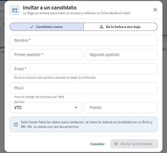 La invitación: solo los datos para contactar con el candidato.