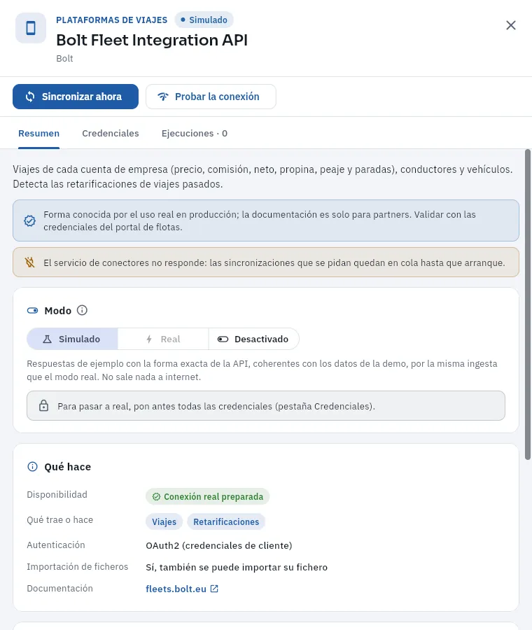 La integración con la API de flotas de Bolt, en modo simulado.