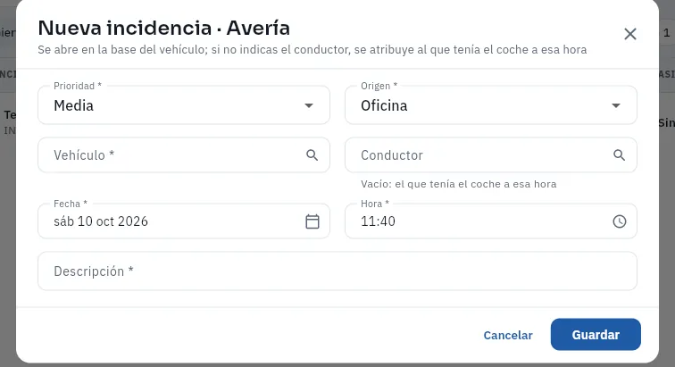 Una avería nueva, con el formulario sin rellenar (no se ha guardado).