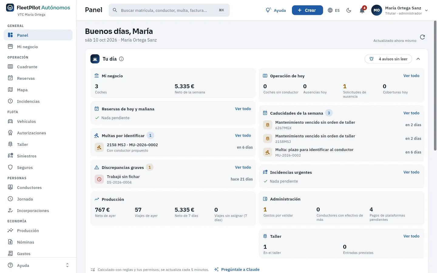FleetPilot Autónomos nada más entrar, con la cuenta de María Ortega: la barra lateral con las secciones, la barra superior y el Panel, con «Tu día» arriba.