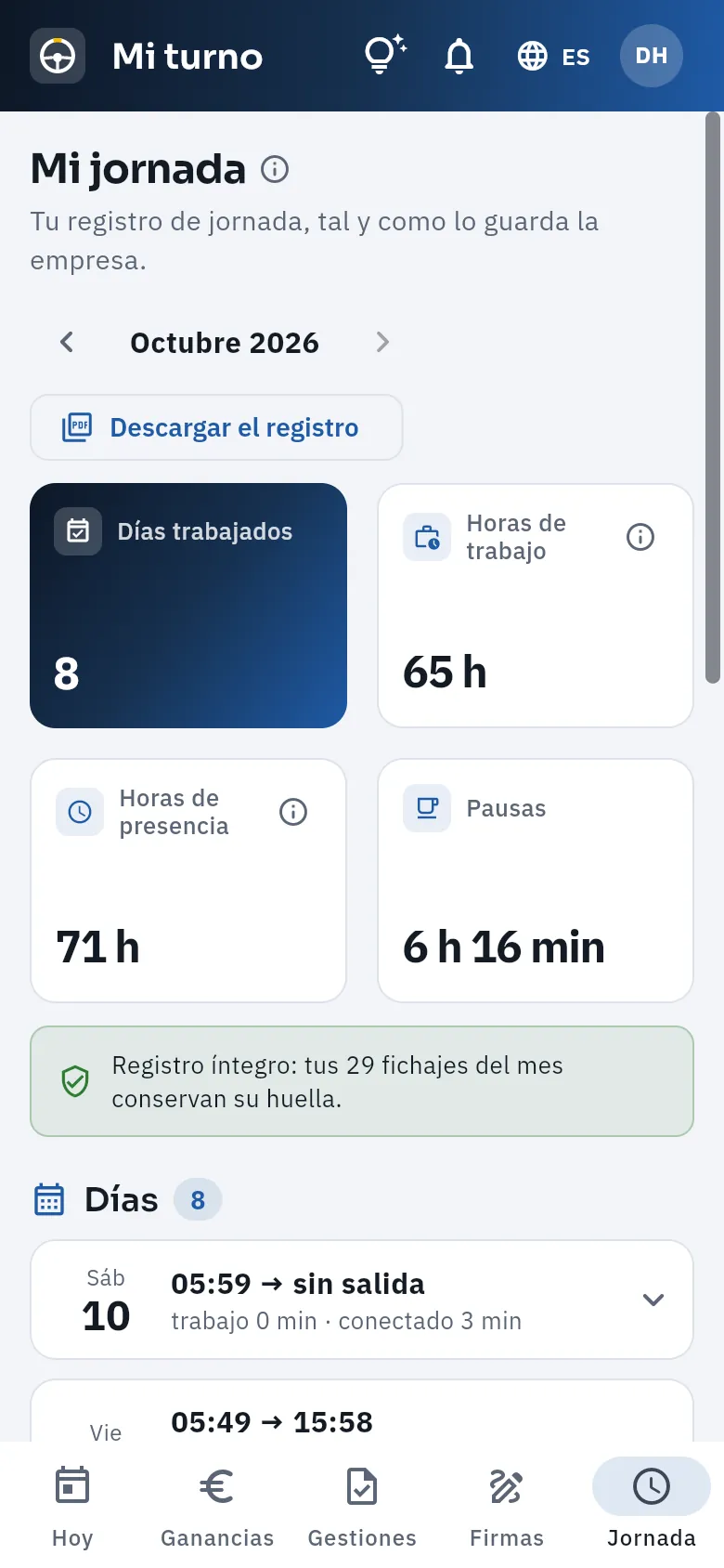 Su registro de jornada del mes, tal como lo guarda tu negocio.