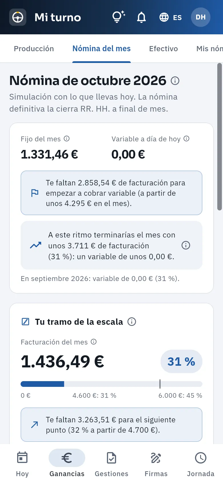 La nómina simulada de octubre con lo que lleva hasta hoy.